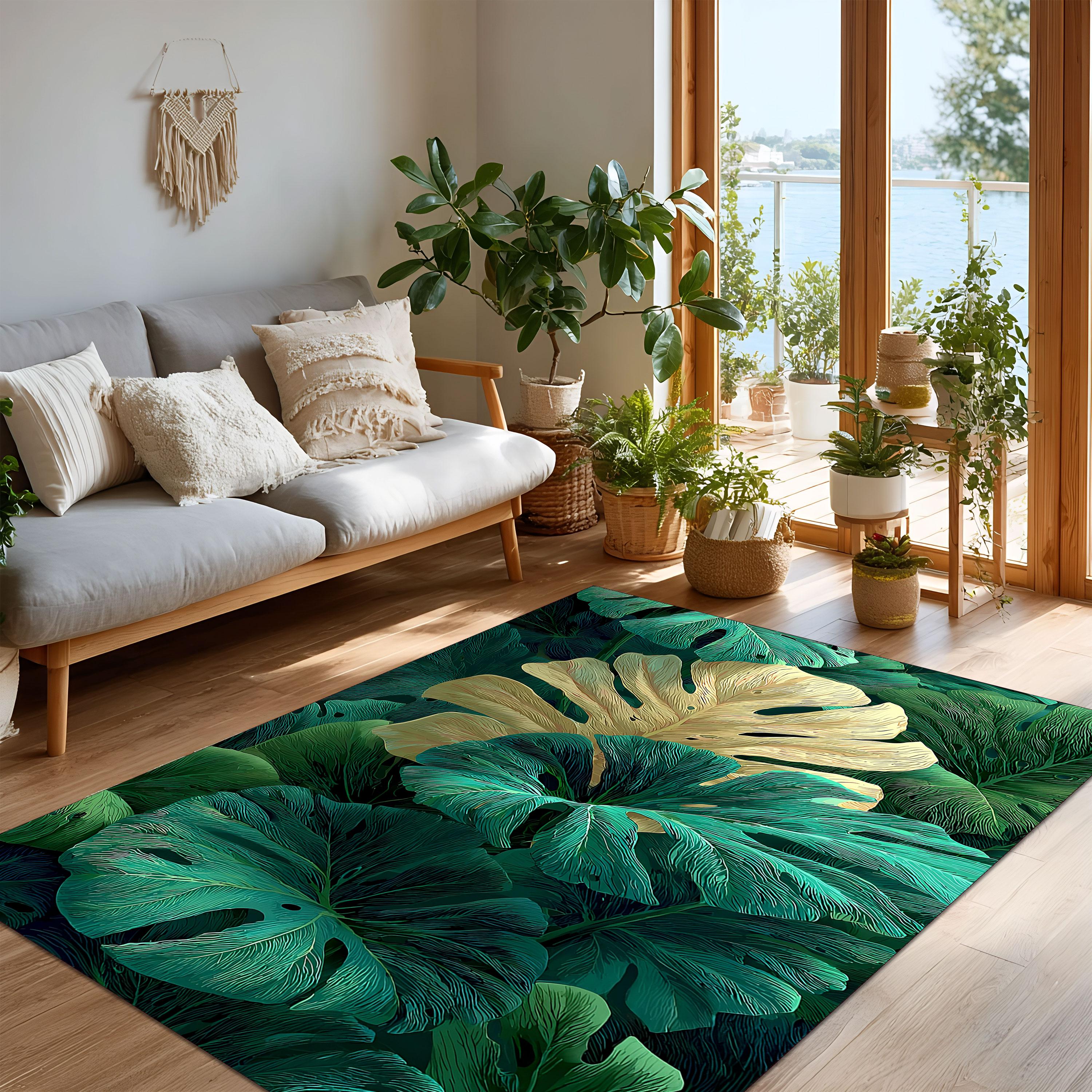 Outdoor Tropical Leaf Rug, Green Gold Botanical Patio Deck Carpet ...