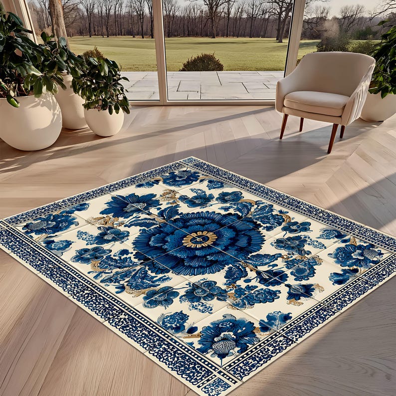 Pu&ograve; includere: Un tappeto rettangolare con sfondo color crema e un grande medaglione floreale blu scuro al centro. Il design presenta intricati motivi floreali blu su tutta la superficie, circondati da un bordo geometrico decorativo di colore blu e bianco.