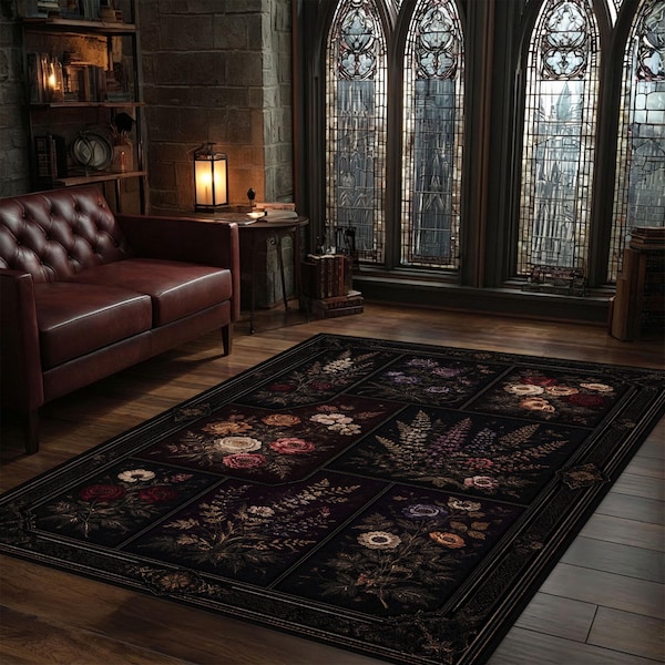 Dark Floral Patchwork Area Rug, Gothic Vintage Garden Decor