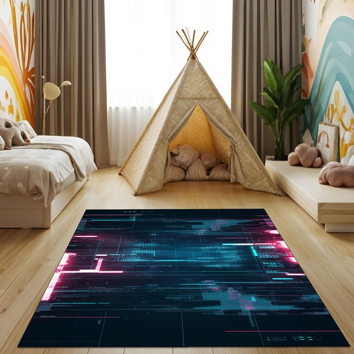 Technology Rug Futuristic Cyber Grid Rug, Sci-fi Glowing Holographic Tech Rug ...