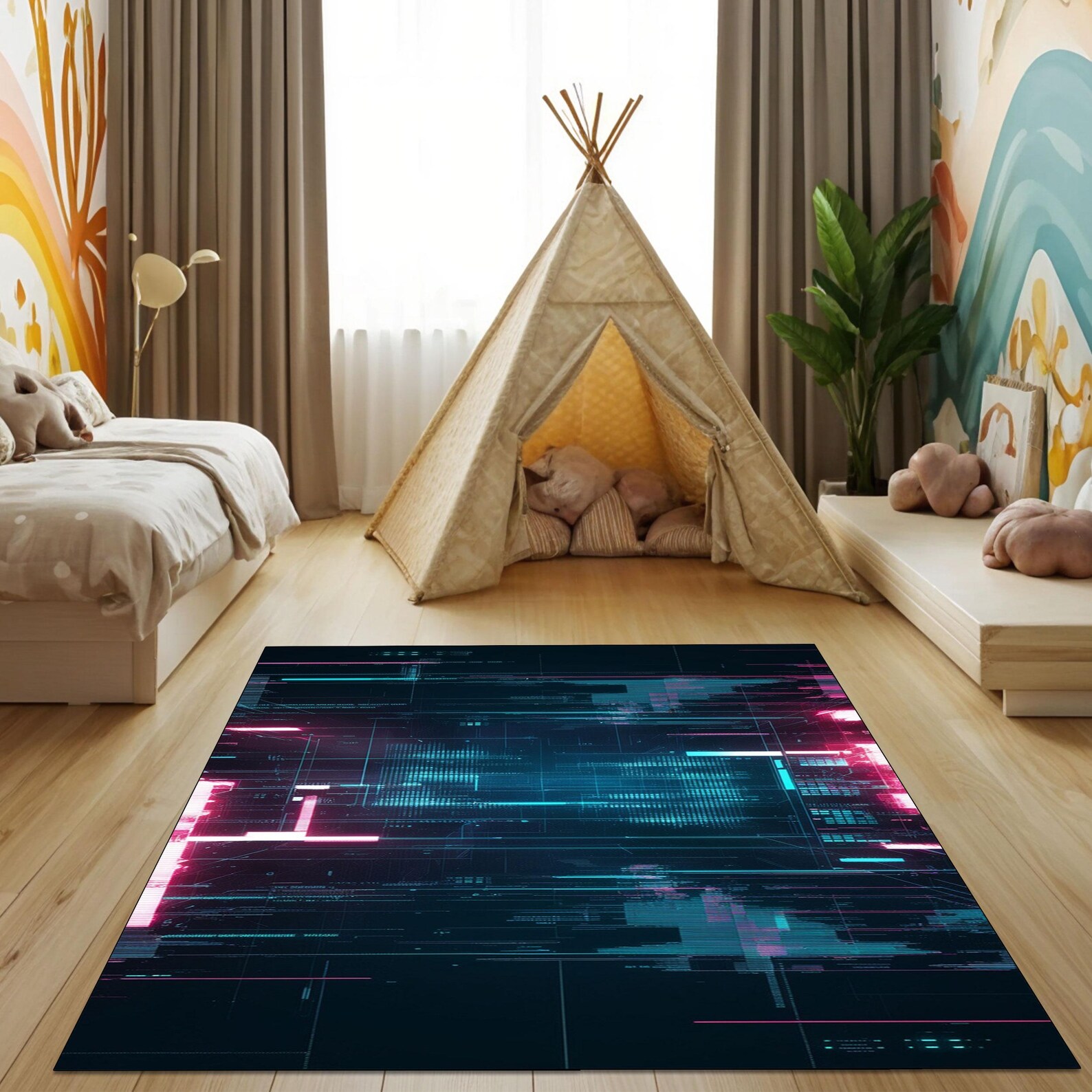 Cyber Rug Futuristic Cyber Grid Rug, Sci-fi Glowing Holographic Tech Rug ...