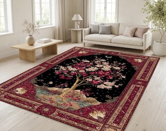 Japanese Cherry Blossom Rug, Pink Sakura Moon Carpet, Dark Floral Living Room Decor, Washable Non Slip Area Rug