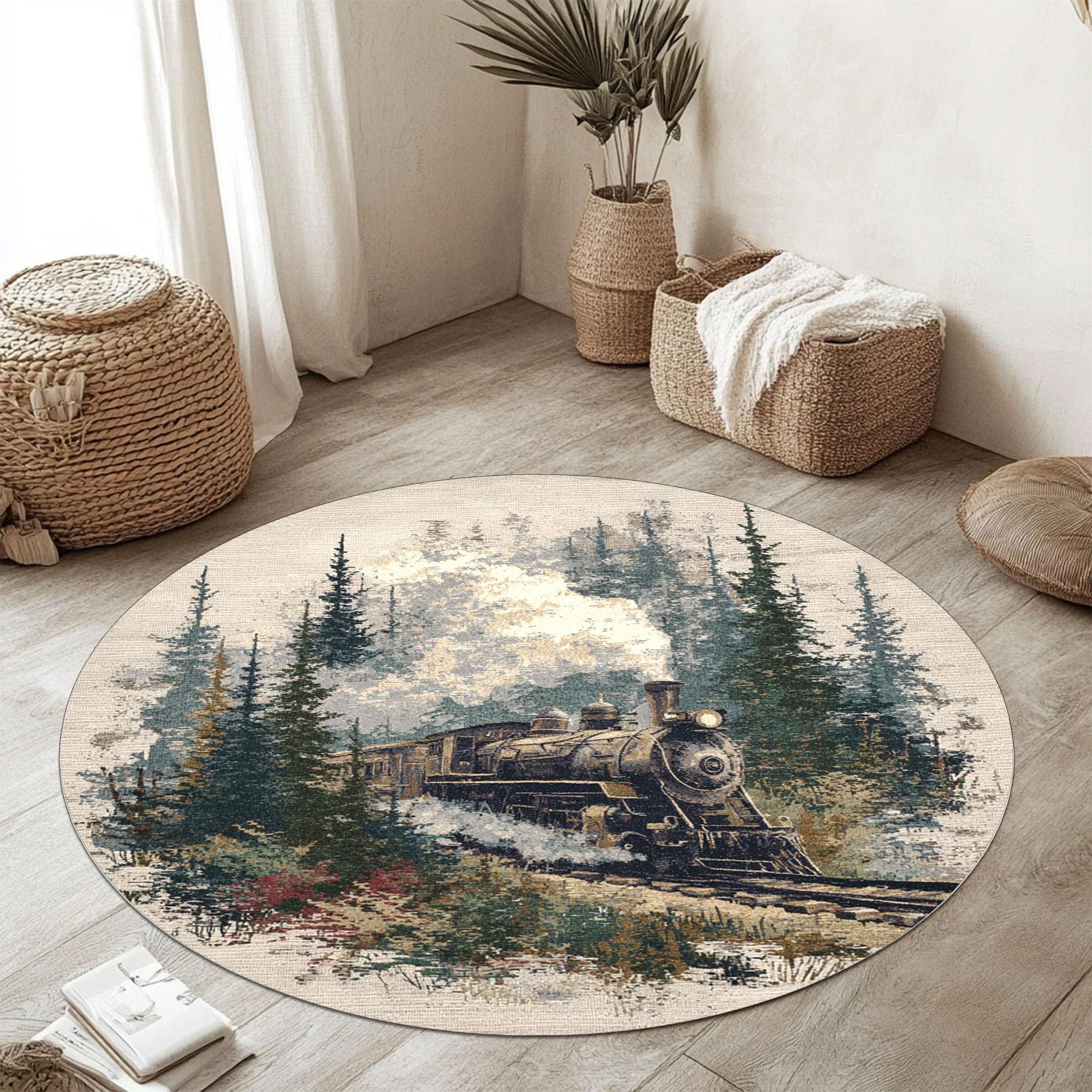 Red Train Rug Vintage Train Round Rug, Steam Locomotive Landscape Carpet, Rustic ...