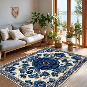 Pu&ograve; includere: Un tappeto rettangolare con sfondo color crema, caratterizzato da un grande e intricato motivo floreale blu al centro e da un bordo decorativo abbinato. Il design imita i motivi della porcellana tradizionale con petali blu scuro e dettagli dorati.