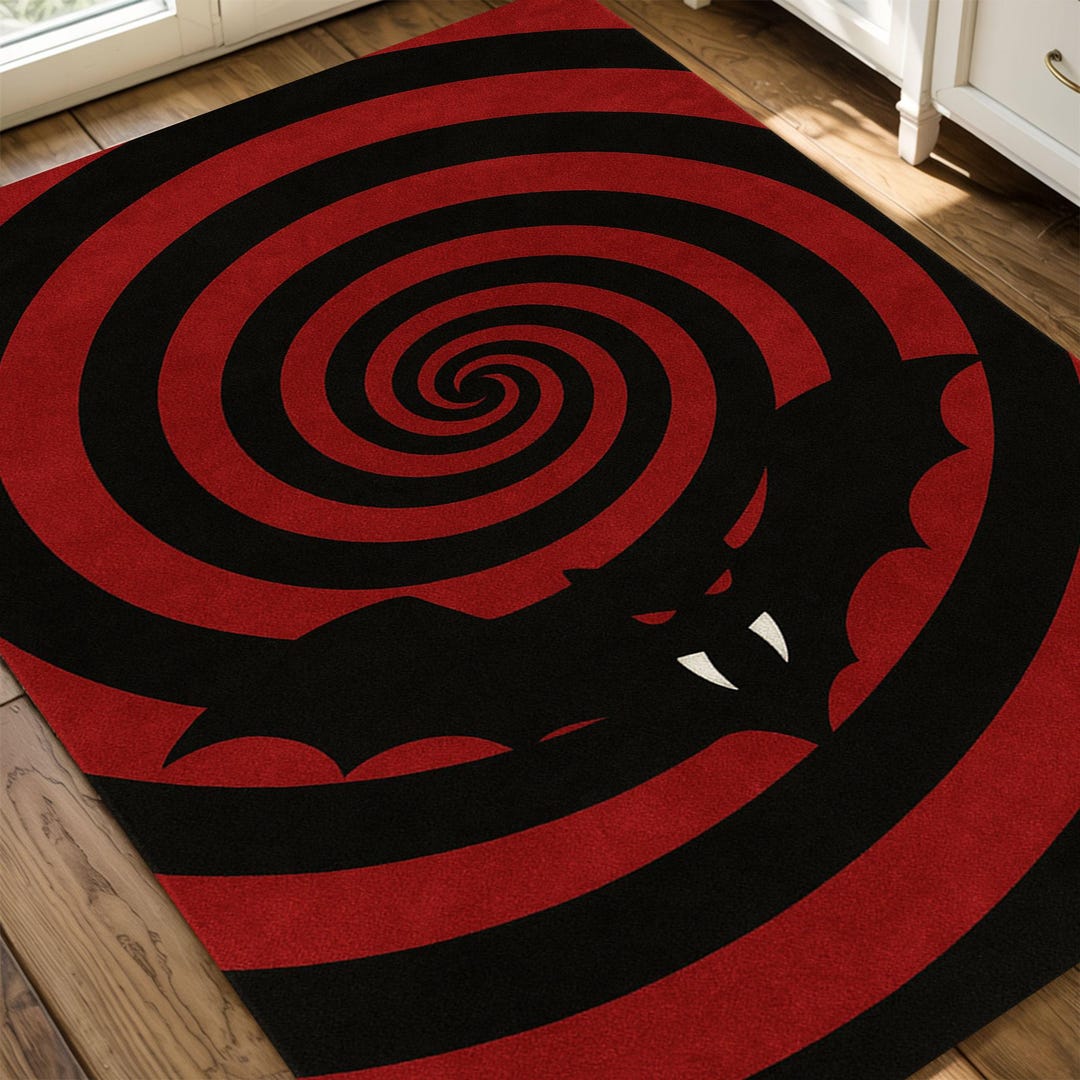 Vampire Rug Textures Red and Black Spiral Rug With Vampire Bat Silhouette, Horror Illusion ...