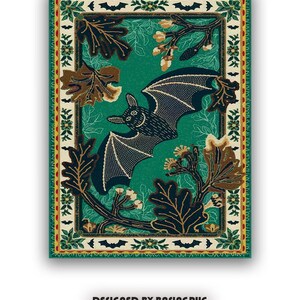 May include: A green, black, and gold rug with a bat design. The bat is flying over a branch with leaves. The rug has a border with bats and flowers.