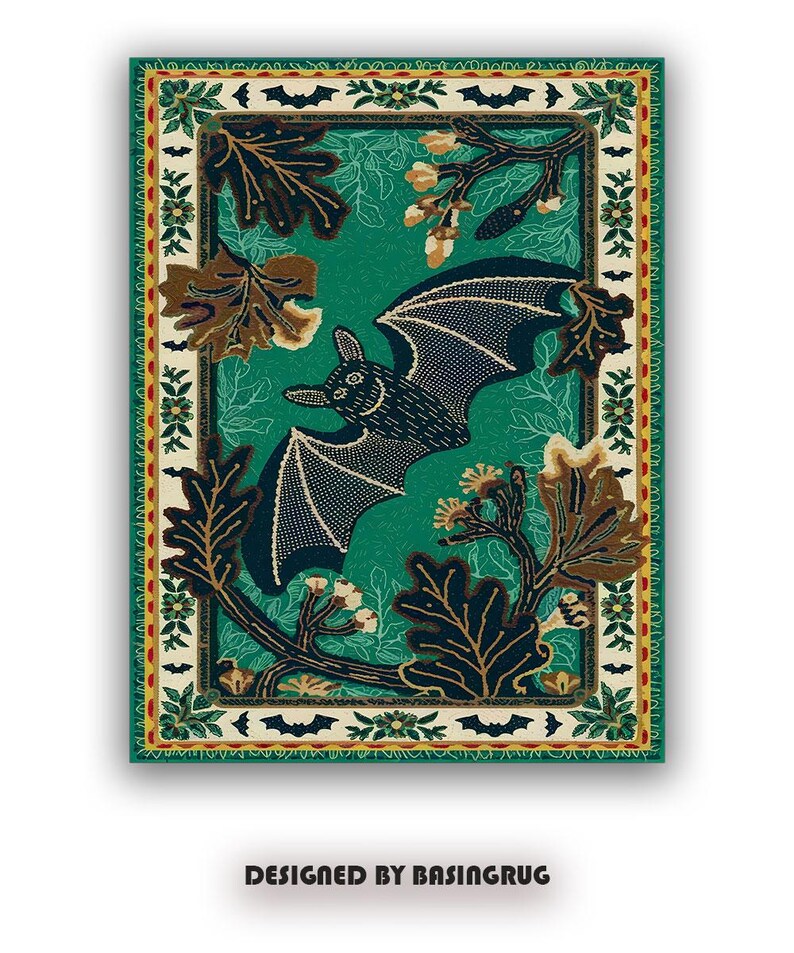 May include: A green, black, and gold rug with a bat design. The bat is flying over a branch with leaves. The rug has a border with bats and flowers.