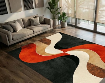 Mid Century Modern Abstract Rug, Retro Earthy Orange Green Wave Carpet