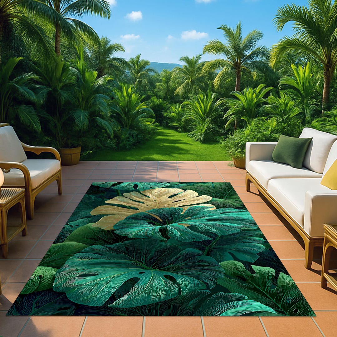 Outdoor Tropical Leaf Rug, Green Gold Botanical Patio Deck Carpet ...