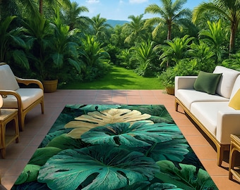 Outdoor Tropical Leaf Rug, Green Gold Botanical Patio Deck Carpet, Weatherproof, Easy Clean, Washable, Non Slip, Large Garden Porch Area Mat