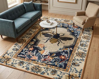 Vintage Bee Rug, Floral Honeybee Area Carpet, Garden Cottagecore Home Decor, Washable Indoor Outdoor Rug