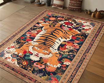 Bold Tiger Rug With Colorful Floral Jungle Design, Statement Animal Rug For Eclectic Nature Interiors,Wild Decor Lovers And Unique Gift Idea