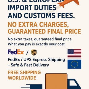 Może przedstawiać: Grafika informacyjna z ciemnoniebieskim i pomarańczowym tekstem: WE COVER ALL U.S. & EUROPEAN IMPORT DUTIES AND CUSTOMS FEES. NO EXTRA CHARGES, GUARANTEED FINAL PRICE. No extra taxes, guaranteed final price. What you pay is exactly your cost. FedEx / UPS Express Shipping - Safe & Fast Delivery. FREE SHIPPING WORLDWIDE. Zawiera ikony pomarańczowego samolotu, logo FedEx i UPS, flagi USA i Unii Europejskiej oraz niebieską ciężar&oacute;wkę dostawczą.