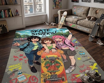 Skater Girl Area Rug, Anime Skateboard Carpet, Urban Graffiti Kids Teen Bedroom Decor, Washable Non Slip Rug
