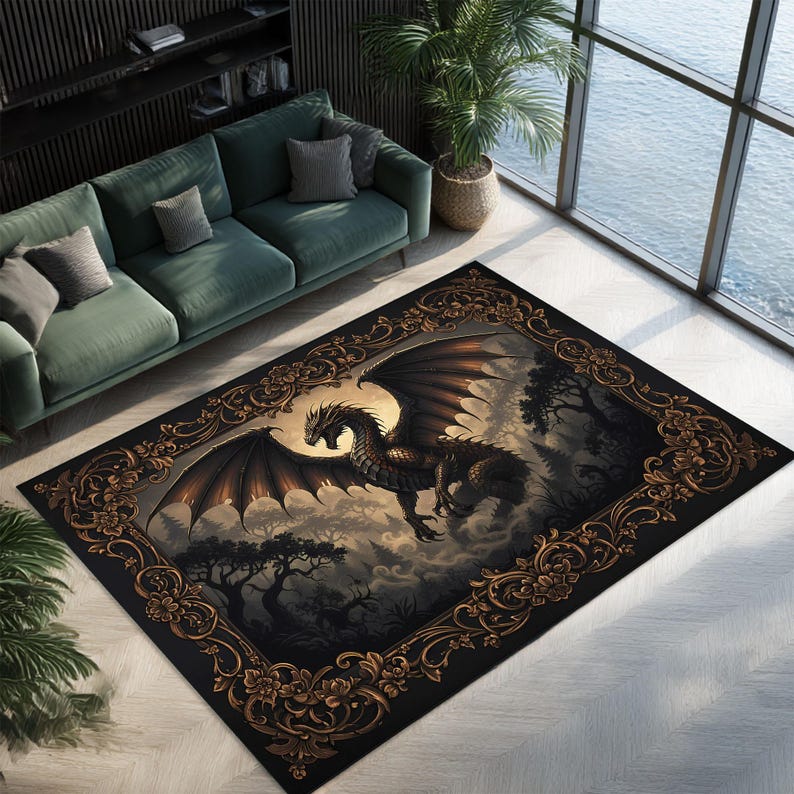 Epic Dragon Rug With Bronze and Gold Baroque Frame, Majestic Fantasy ...