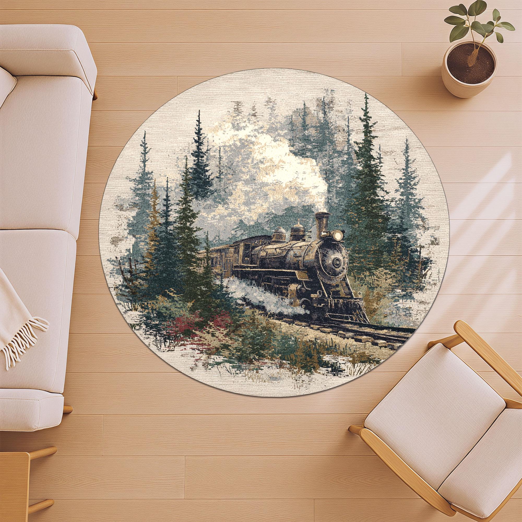 Ariva Train Rug Vintage Train Round Rug, Steam Locomotive Landscape Carpet, Rustic ...