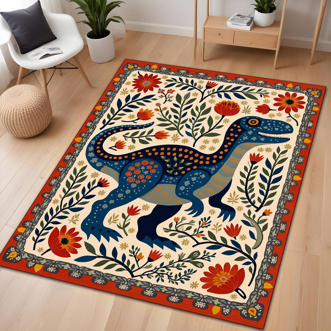 Colorful Dinosaur Rug – Whimsical Design With Vibrant Floral Patterns ...