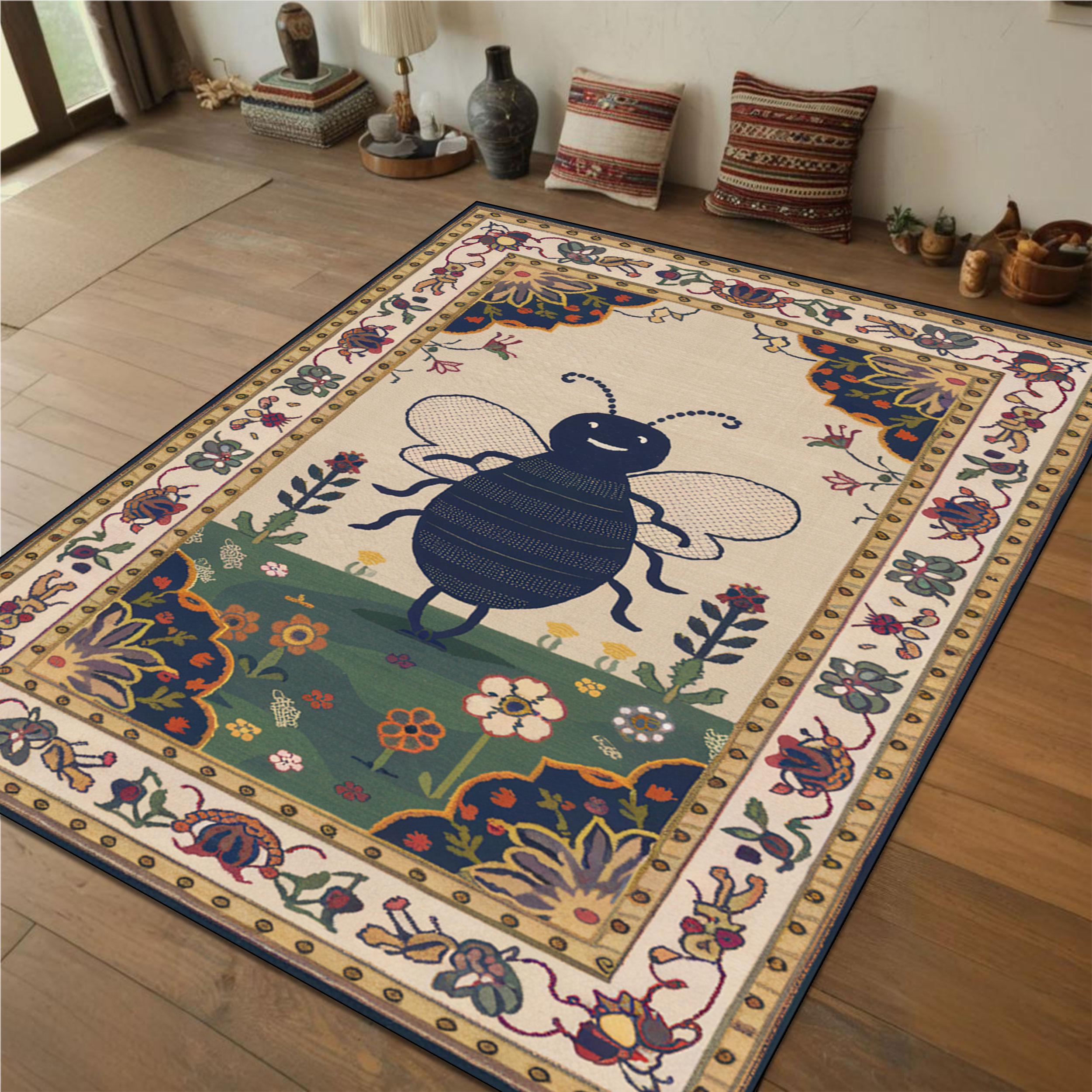 Floral and Bee Art Rug – Artistic Black and Beige Design With Botanical ...