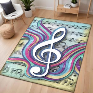 Musical Notes and Clef Rug – Vibrant Music-Themed Carpet for Living Room, Bedroom, or Studio Decor with Artistic Swirls