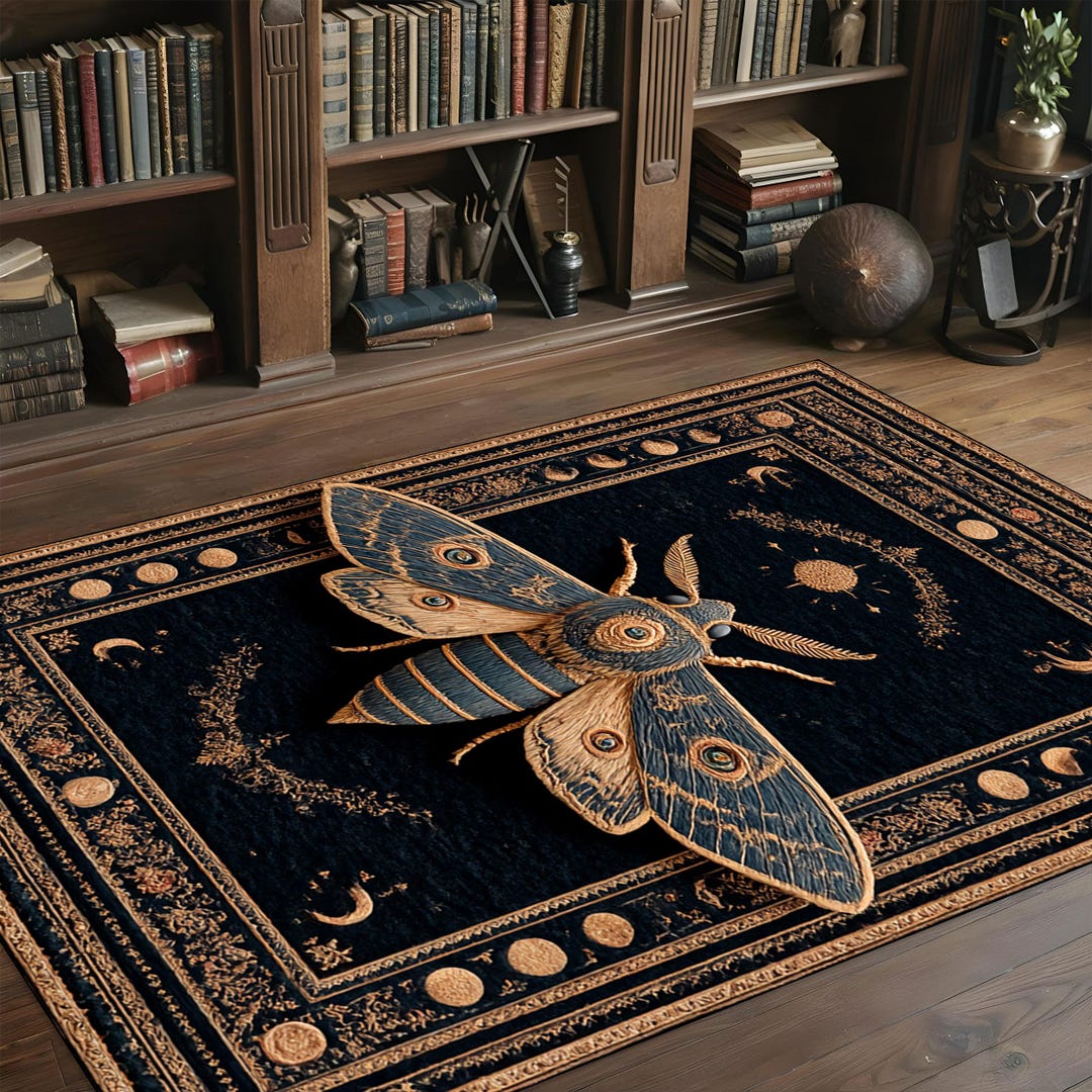 Moth Pattern Rug Gothic Moth Rug, Mystical Black Witchy Carpet, Moon Phase Area Rug ...