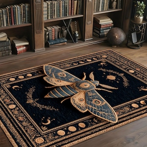 Gothic Moth Rug, Mystical Black Witchy Carpet, Moon Phase Area Rug, Washable Living Room Floor Mat, Dark Academia Decor, Occult Style Rug