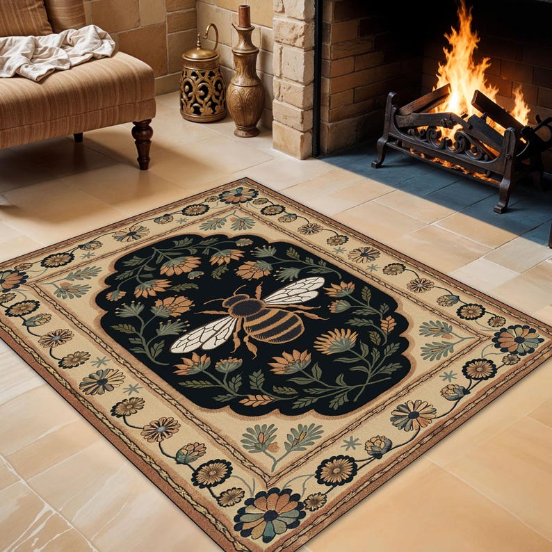 Floral and Bee Art Rug – Artistic Black and Beige Design With Botanical ...