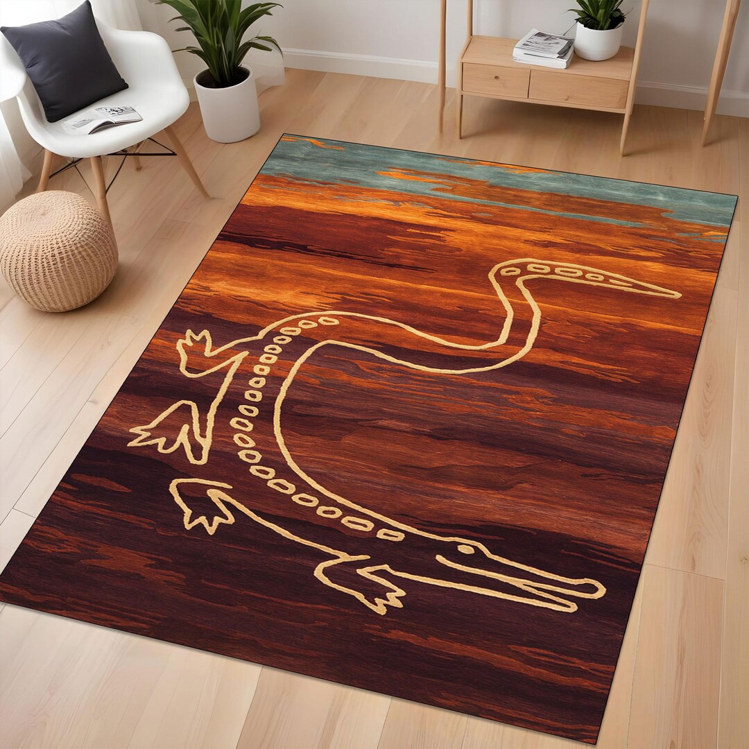 Rustic Tribal Crocodile Rug, Earthy Tone Area Rug, Indigenous Nature ...