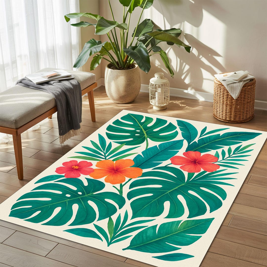 Hibiscus Rug Bold Tropical Leaf Rug With Hibiscus Flowers, Vibrant Green and Red ...