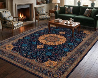 Turkish Area Rug Navy Blue Floral Rug Traditional Ottoman Style Living Room Carpet Washable Area Rug