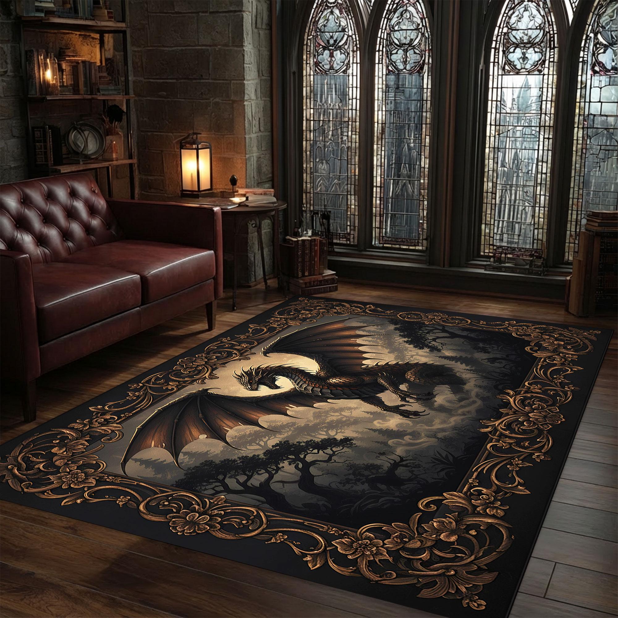 Fantasy Rug Collection Epic Dragon Rug With Bronze and Gold Baroque Frame, Majestic Fantasy ...