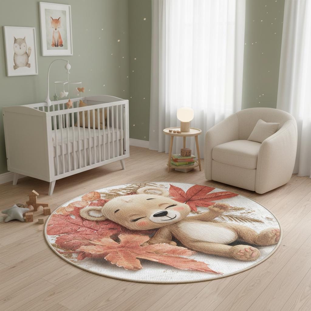 Baby Sleep Rug Sleeping Bear Nursery Round Rug, Cute Autumn Leaves Baby Room Carpet ...
