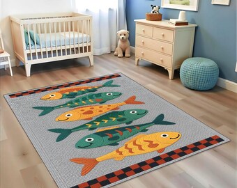 Fish rug, kids play rug, nursery floor mat, colorful ocean theme rug, toddler room decor, cute baby rug, sea animal rug, coastal theme rug