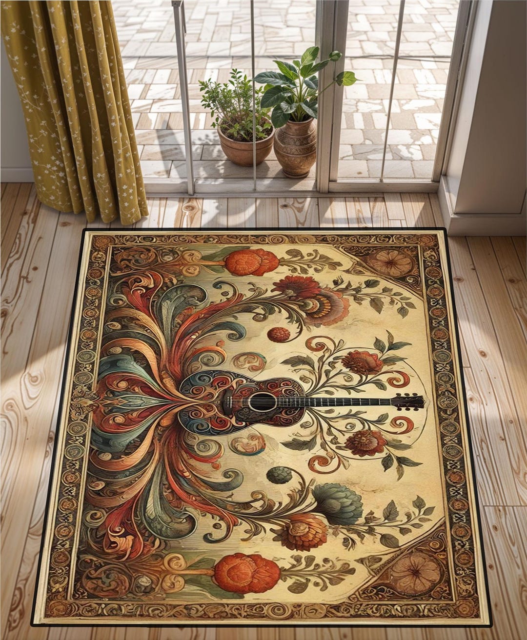 Guitar Themed Oriental Rug, Retro Guitar Persian Style Rug, Ideal for ...