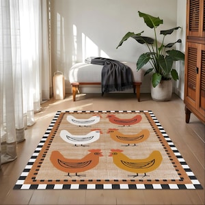 Farmhouse Chicken Rug – Rustic Kitchen Mat – Folk Hen Carpet – Country Dining Room Rug – Cozy Rooster Floor Mat – Barn Style Decor