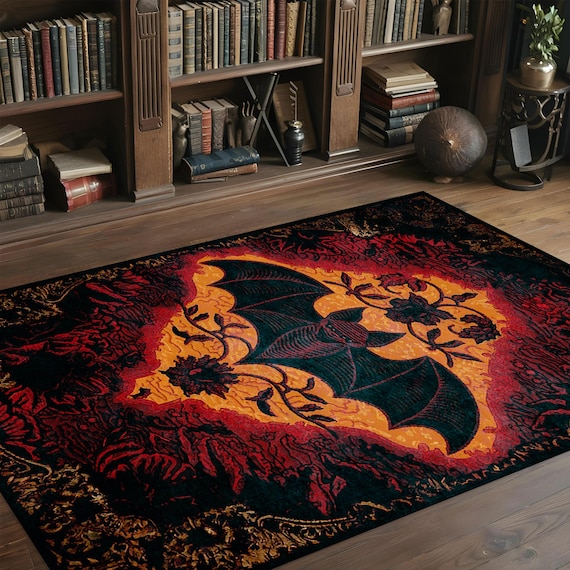 Bat Rug, Raven Rug For Goth Room Decor, Dark Academia Home Decor, Maximalist Rug For Witchy Room Decor, Bat Design Rug, Bat Gift