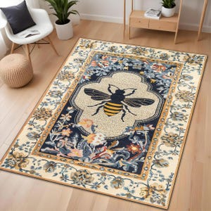 Bee Rug, Honeybee Themed Rug, Floral Carpet, Nature Style Mat, Rustic Home Rug, Botanical Bee Decor, Elegant Bee Print, Cottagecore Rug