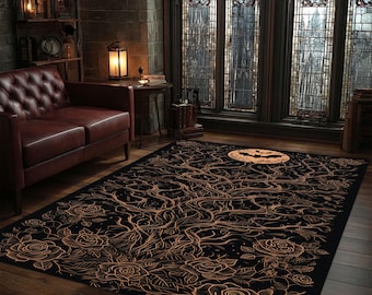Gothic Moon Tree Rug, Bronze Botanical Art Carpet, Dark Decor
