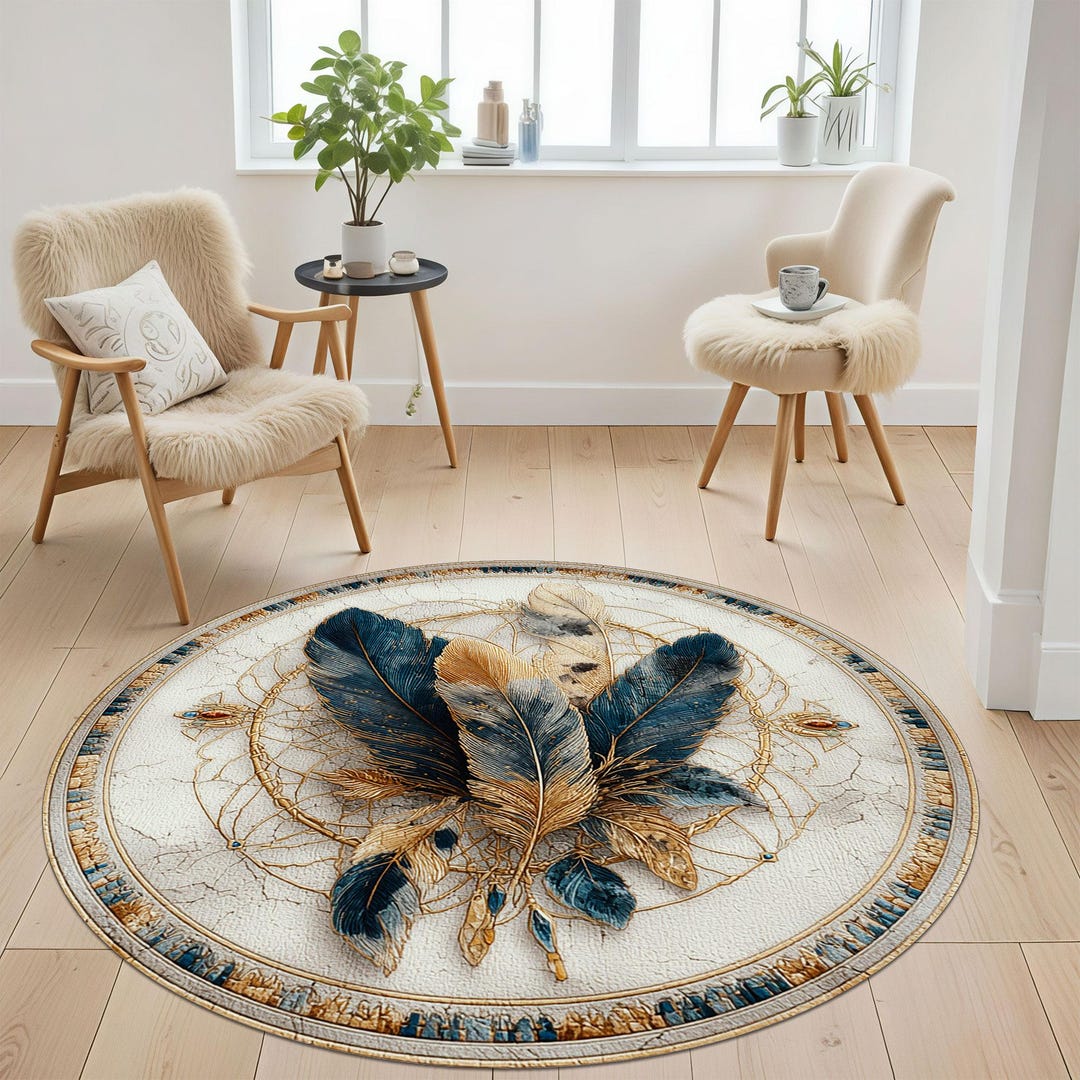 Feather Mandala Round Rug, Boho Decorative Carpet With Elegant Blue and ...