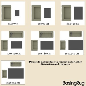May include: Diagram showing different rug sizes for a sofa, ranging from 40x60 cm to 180x280 cm. The diagram shows a sofa and rug in each size.
