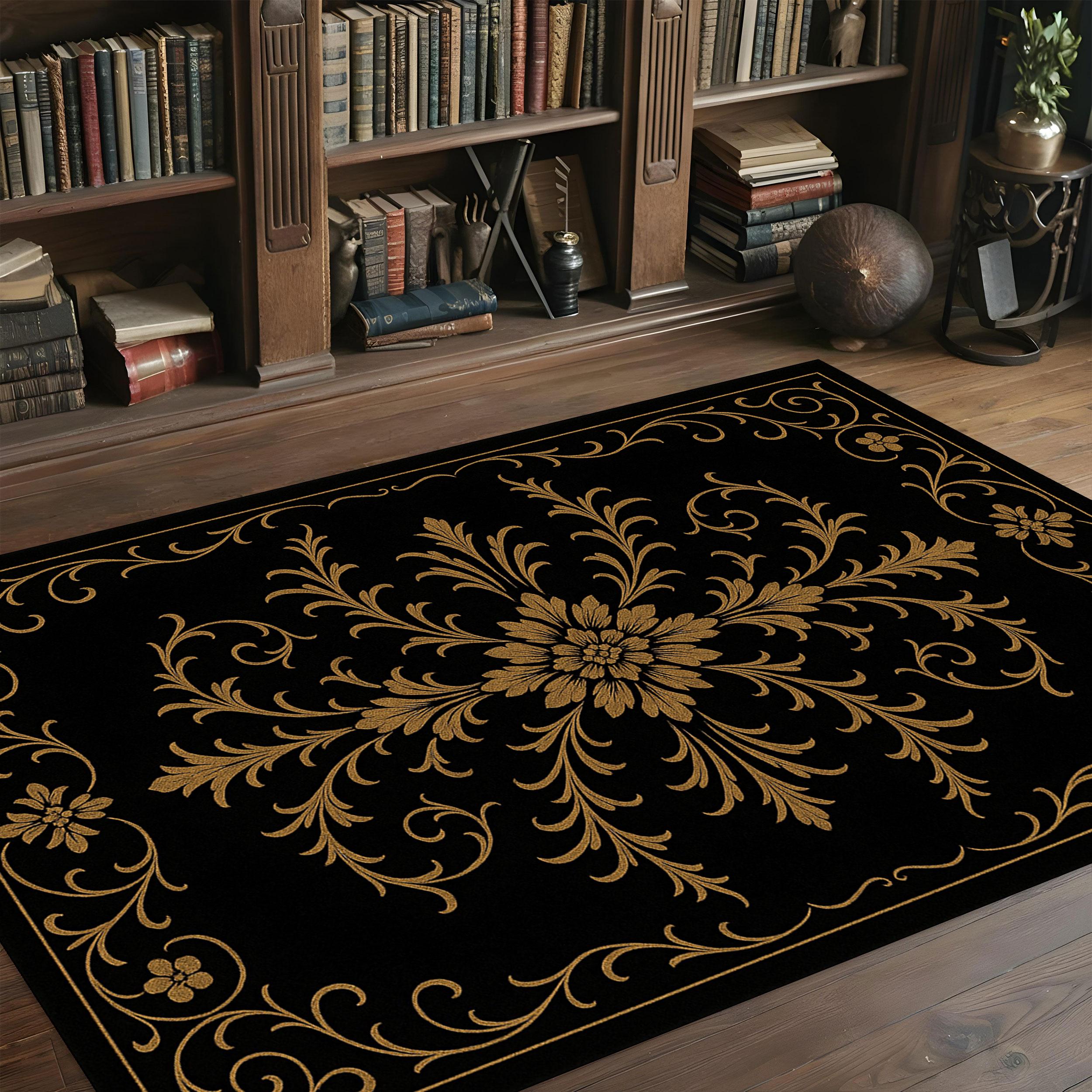 Black Gold Baroque Area Rug, Luxury Floral Living Room Carpet, Elegant ...