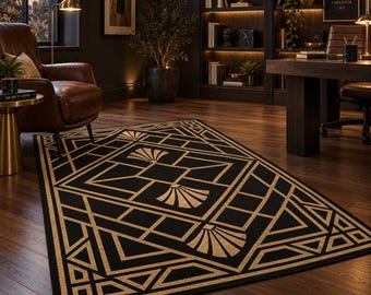 May include: A rectangular area rug featuring a black background with a repeating geometric pattern in gold. The design includes intersecting lines, angular shapes, and stylized fan motifs arranged in a symmetrical, centered composition.