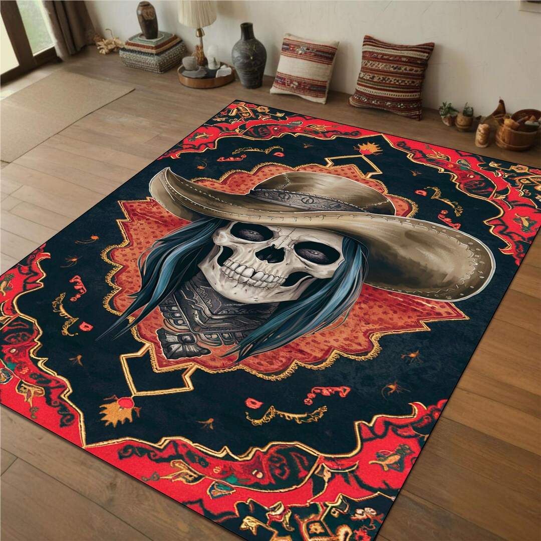 Cowboy Western Skeleton Rug Gothic Skull Carpet With Red Ornamental ...