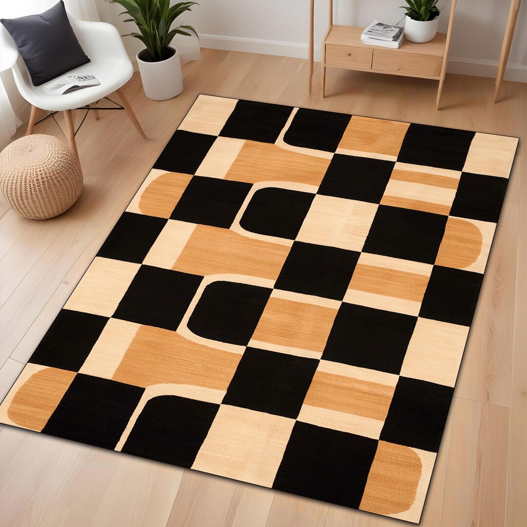 Checkboard Rug Pattern Seamless Abstract Checkerboard Rug – Black and Beige Minimalist Pattern Rug for ...