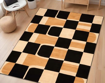 ベージュと黒のチェック柄ラグ チェック柄グランジラグ：黒とベージュのレトロインテリア - Etsy 日本