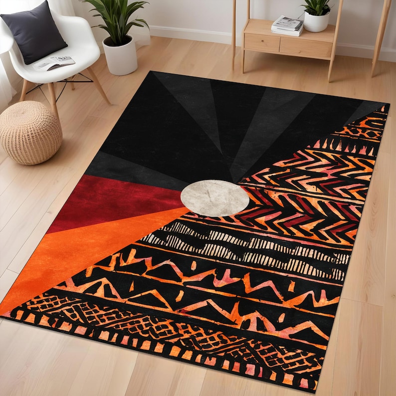 Red African Rug African Tribal Rug, Abstract Black Red Orange Carpet, Ethnic Pattern ...