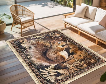 Eichhörnchen Wollteppich - Eleganter Teppich im Waldstil in Warmen Herbsttönen, Rustikaler Teppich für Wohnzimmer, Schlafzimmer und gemütliches Wohndekor