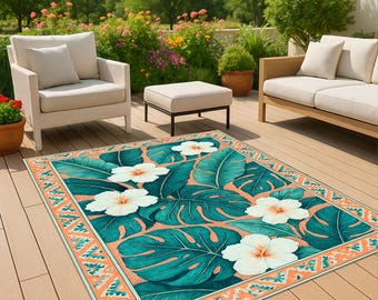 Outdoor Tropical Leaf Rug – Green Leaf White Flower Patio Deck Carpet, Weatherproof, Easy Clean, Washable, Non Slip, Large Garden Porch Mat
