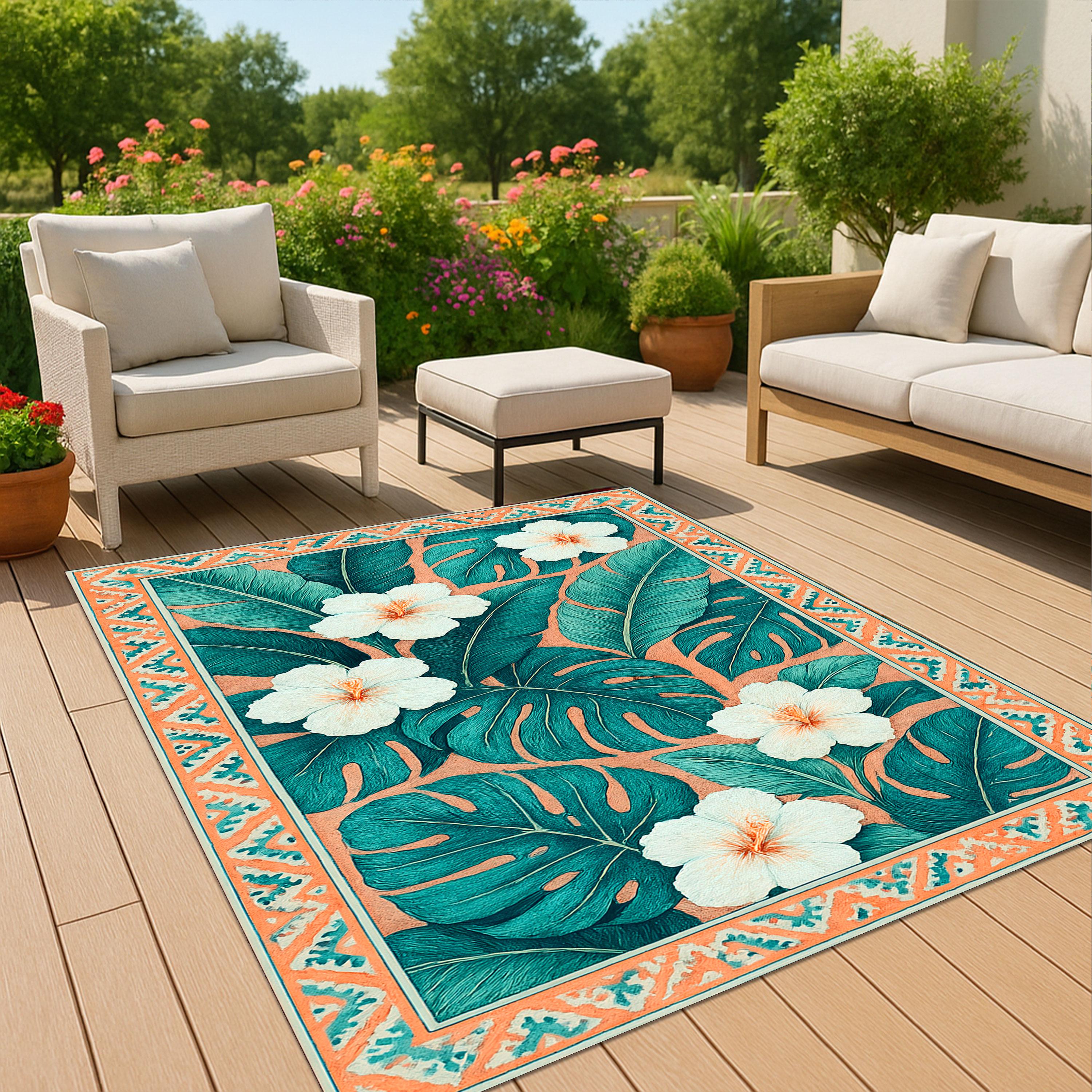 Outdoor Tropical Leaf Rug – Green Leaf White Flower Patio Deck Carpet ...