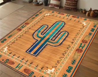 Southwestern Rug, Cactus Carpet, Rustic Desert Rug, Western Style Rug, Saguaro Print Rug, Tribal Border Rug, Boho Cabin Rug, Earth Tone Art