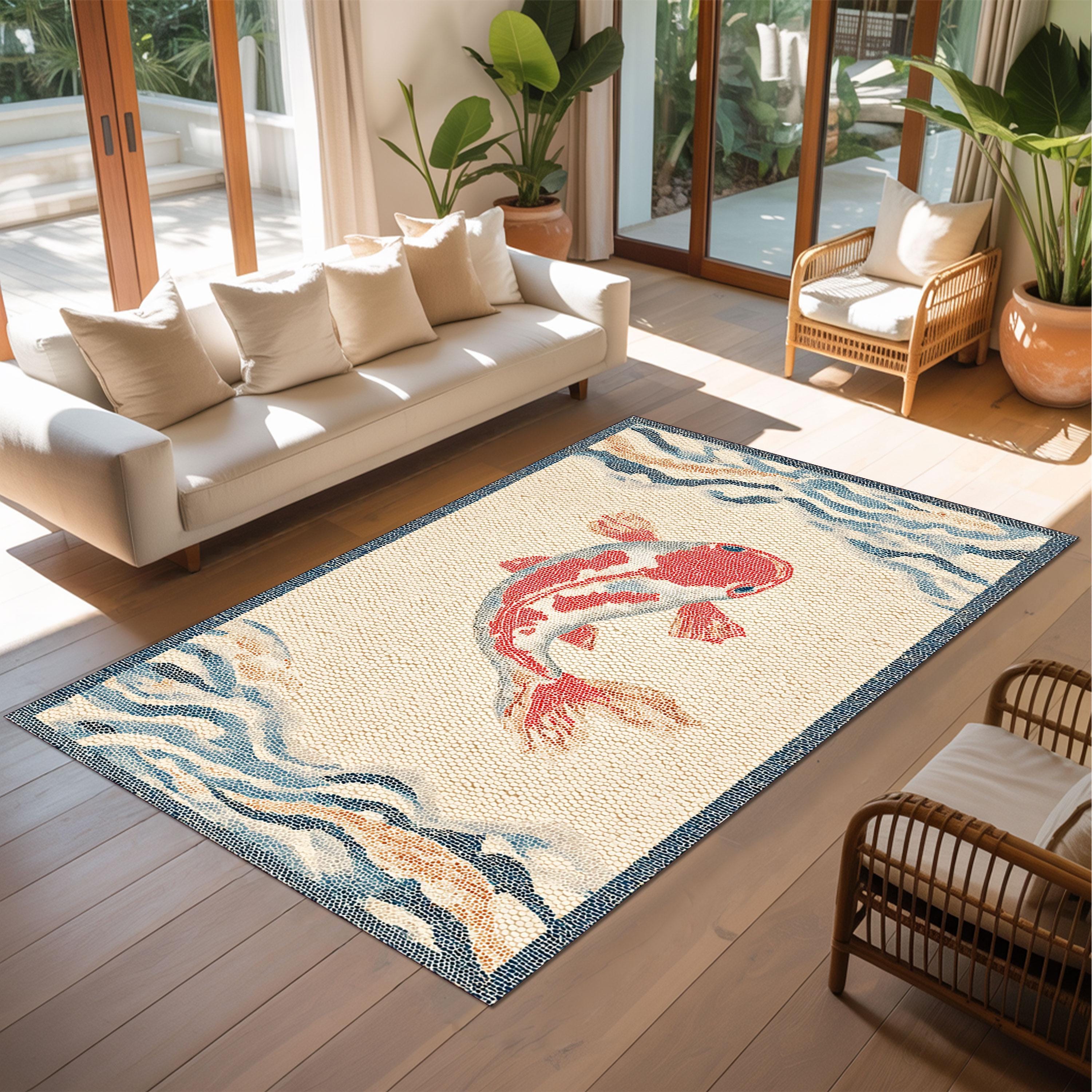 Japanese Koi Fish Outdoor Rug, Zen Wave Pattern Patio Carpet in Beige ...